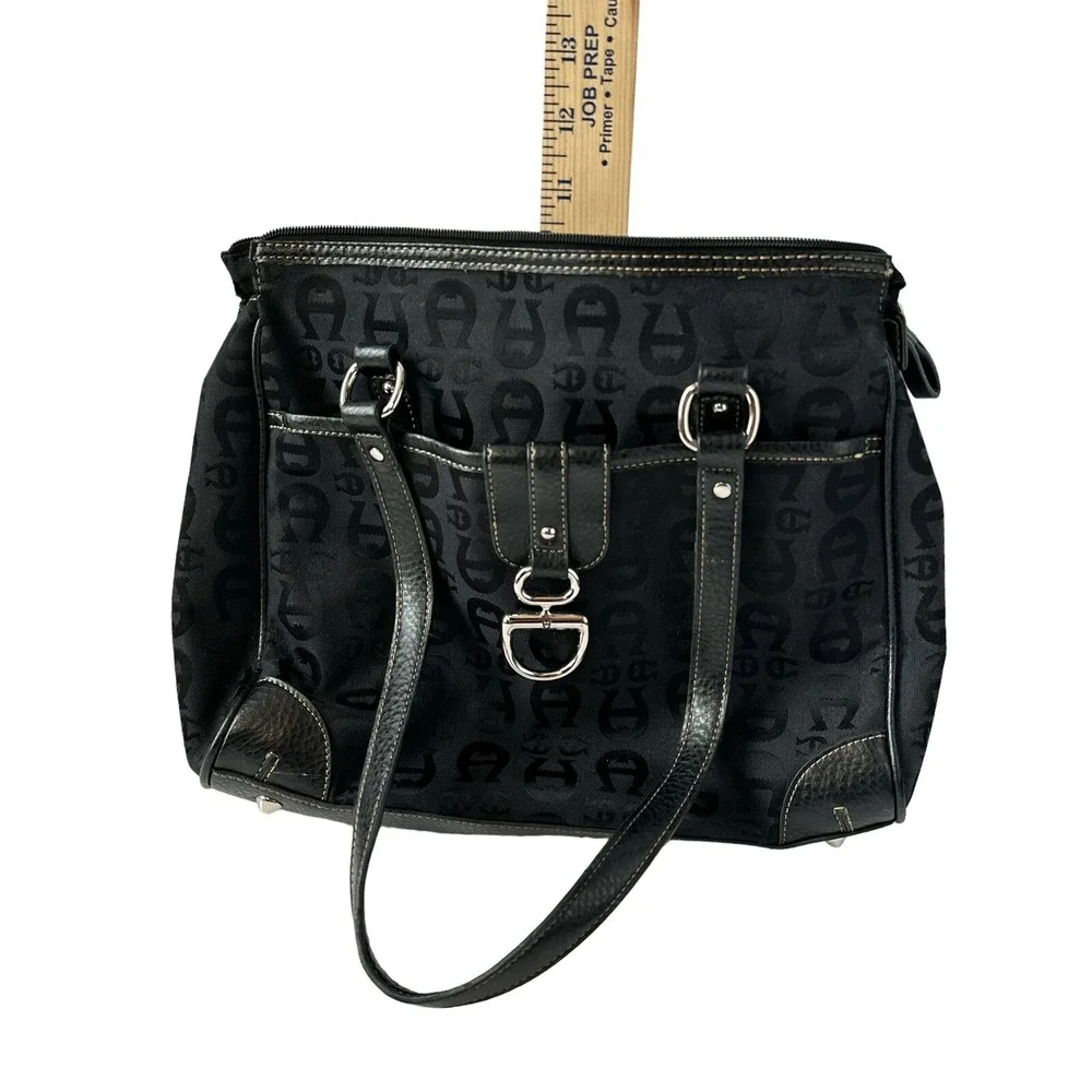 Etienne Aigner Black Signature Canvas Bag Leather Trim Front Magnetic Pocket